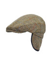 Made in UK Harris Tweed Edward Flat Cap With Foldable Ear Flaps Moss Green